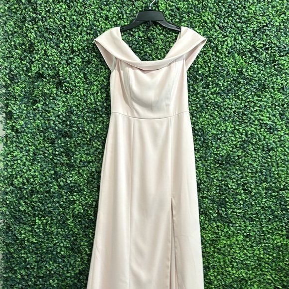 Dessy Collection Off Shoulder Crepe Bridesmaid Dress in size 0 color blush. - Picture 13 of 14